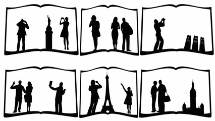 Silhouetted figures in book frames depicting tourism at various landmarks and taking photographs of sites