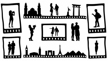 Silhouette of people and landmarks in film strip frames capturing travel and memories in black and white