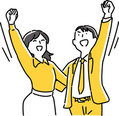 ガッツポーズをとる男女社員