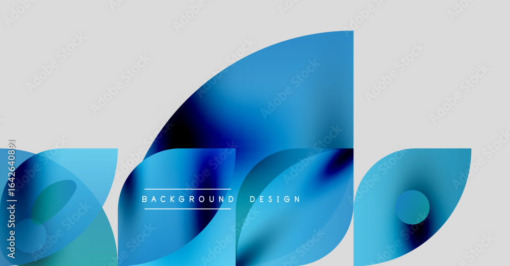 Poster abstract blue shapes overlap gray backdrop. modern design features gradients, curves, text elements.