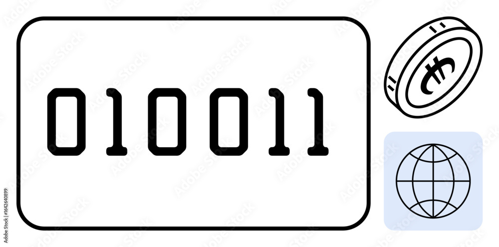Aufkleber binary code inside a rectangle, cryptocurrency coin, and globe symbolizing digital technology, block