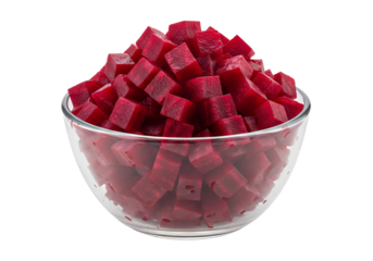 A crystal-clear, round glass bowl, deep reddish-purple diced beetroot, white background isolated