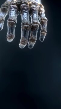 Clinical examination perspective highlighting multiple chalky urate tophi protruding subcutaneously around affected finger joint.