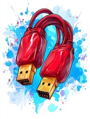 Red USB-C Cables on Blue Watercolor Background