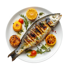 Grilled Mediterranean Sea Bass with Citrus isolated on a white background