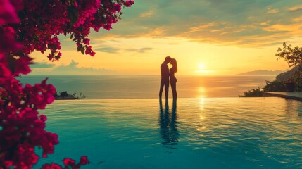 Fototapeta premium Silhouetted young couple embracing at infinity pool edge during golden hour, crystal clear turquoise water merging with mediterranean horizon, luxury resort villa setting, bougainvillea flowers