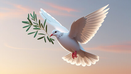 International Day of Peace, A pure white dove in mid-flight carrying a green olive branch in its beak, soaring gracefully against a soft pastel sky with the warm glow of the sunrise