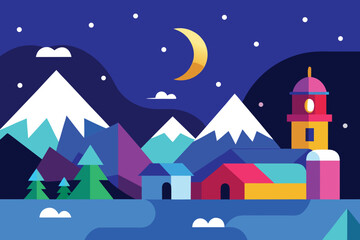 Fototapeta premium Photo of colorful winter night landscape with snowy mountains, village houses, tower, moon and stars in flat design style, vector illustration