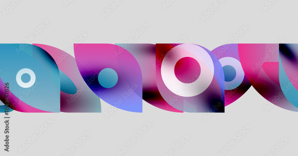 Poster abstract shapes overlap, creating vibrant color blends. circles, curves, gradients dominate composit