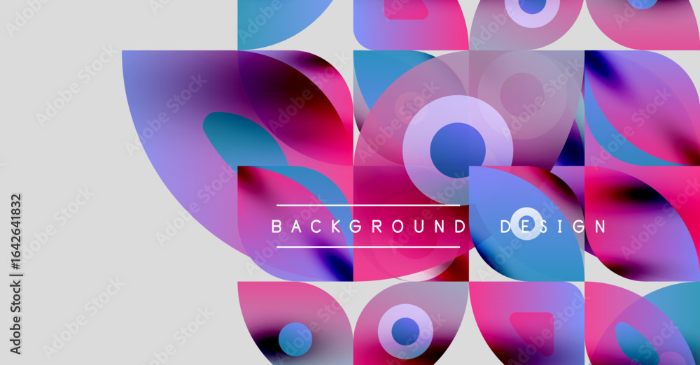 Poster abstract colorful shapes overlap, creating dynamic background. pink, blue hues dominate composition.