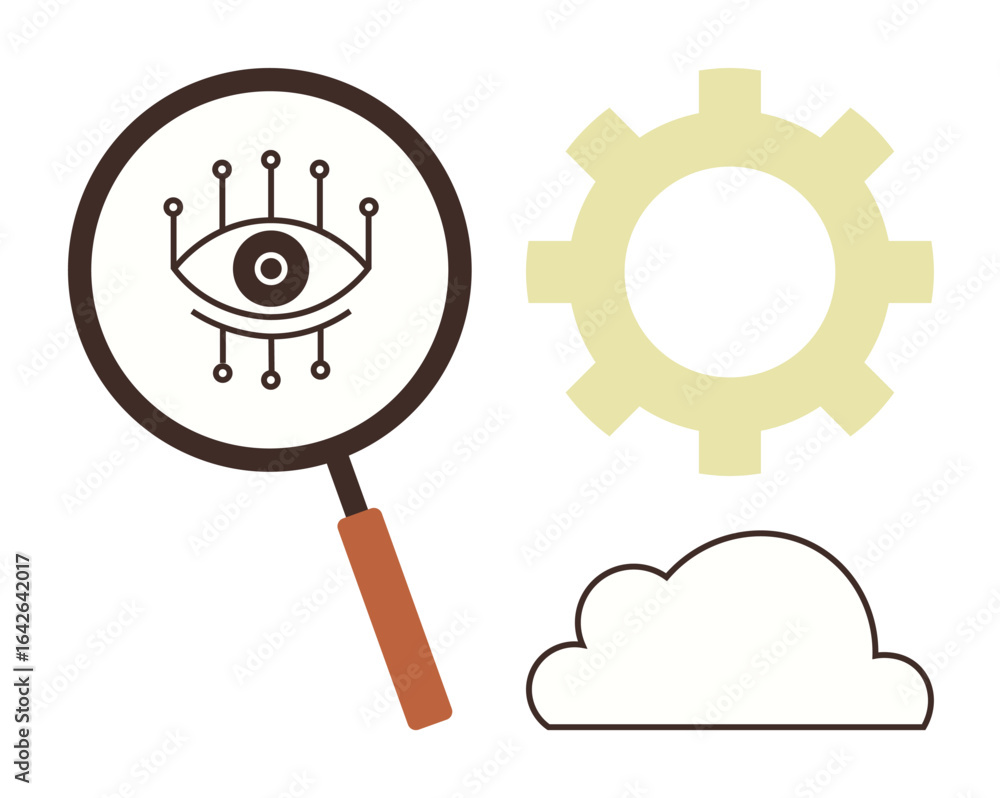 Poster eye with circuits inside magnifying glass, gear, and cloud symbolizing analysis, data, machine learn