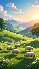 Beautiful scenic landscape with rolling green hills sheep grazing under bright sky with mountains in background du sunset