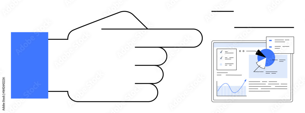 Poster large hand pointing at an analytics dashboard with pie chart, line graph, and data cards. ideal for 