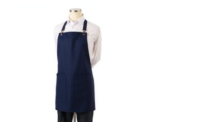 Navy blue apron displayed on a mannequin, showcasing a simple design with adjustable straps.
