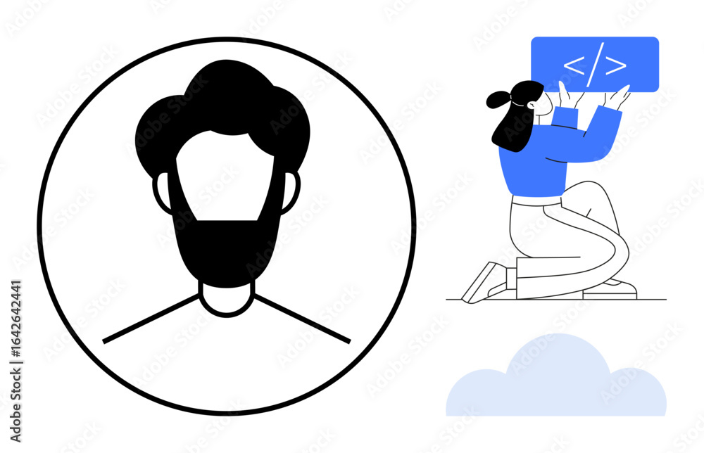 Poster woman kneeling while writing code on a digital screen, avatar with beard in a circular frame, cloud 