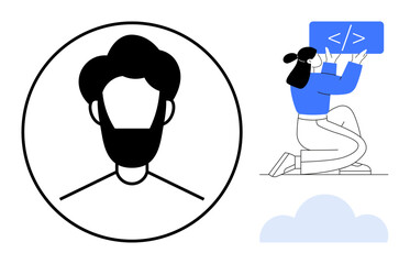 Woman kneeling while writing code on a digital screen, avatar with beard in a circular frame, cloud icon. Ideal for web development, coding, technology, digital identity, user profile, teamwork