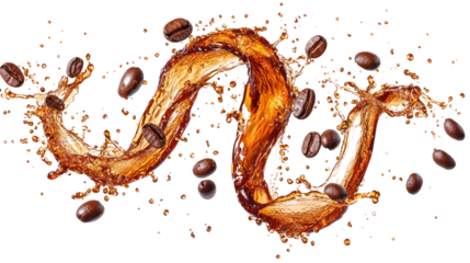 Coffee beans being carried by swirling liquid splashes S form isolate on transparent background
