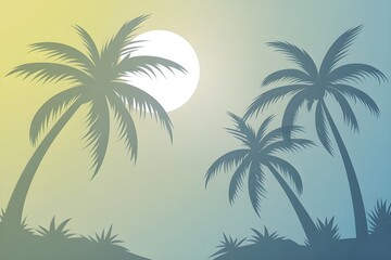 Silhouette of palm trees against a gradient sky with a bright sun in a tropical beach scene design
