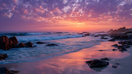 Tranquil Seascape at Sunrise Featuring Waves, Rocks and Dramatic Sky
