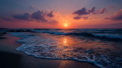 Obraz premium Stunning Seascape with Warm Tones and Dramatic Sky at Sunset Landscape