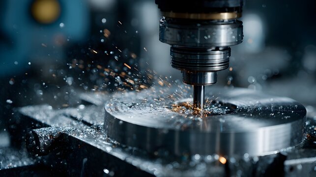 Close up Precision CNC Milling Machine During Metalworking Operation