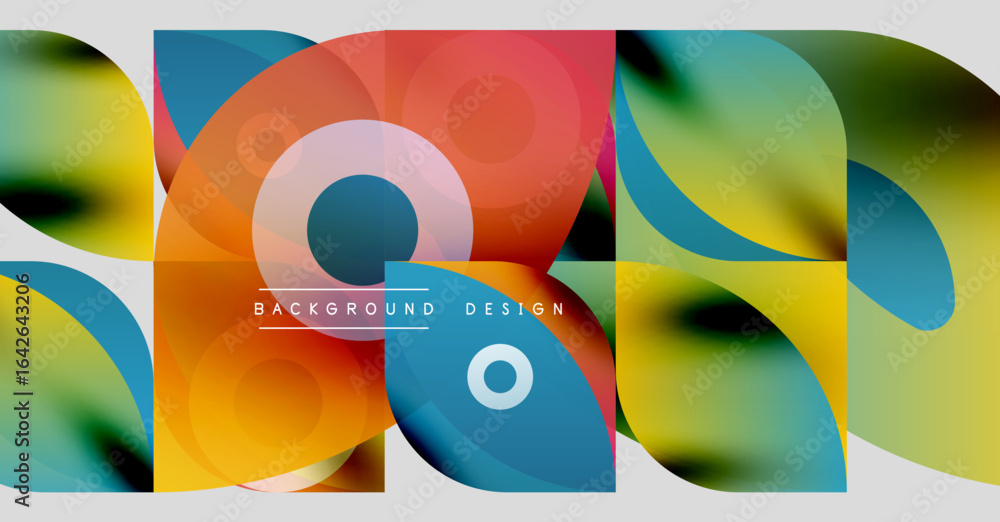 Poster abstract colorful shapes overlap creating dynamic composition. modern design features gradients, cir