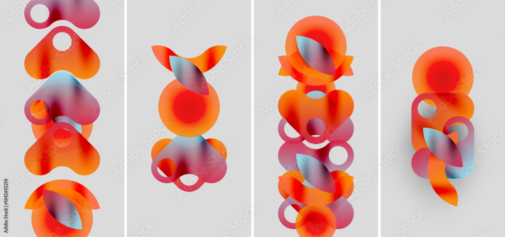 Poster abstract shapes, vibrant colors, layered forms. soft gradients create dynamic compositions, minimali