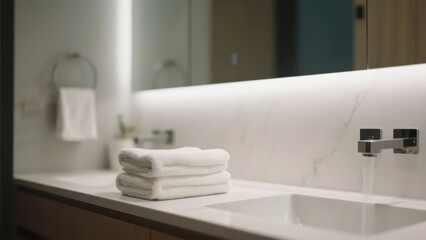 A simple and modern bathroom sink area, with white towels neatly stacked, matching the tidy washing space, showing a fresh and elegant atmosphere.