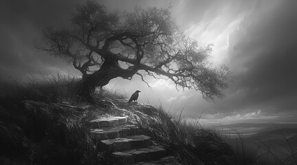 Black and white minimalist surreal scene: crow perched on tree beside ancient stone staircase under cloudy sky, mysterious atmosphere with dramatic lighting and moody tones, 4K HD. Ideal for art poste