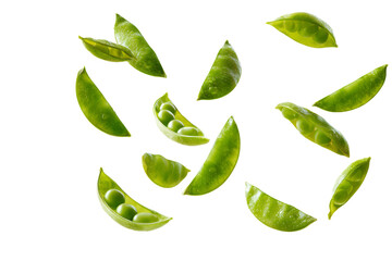 Falling fresh green pea pods with beans isolated on transparent background