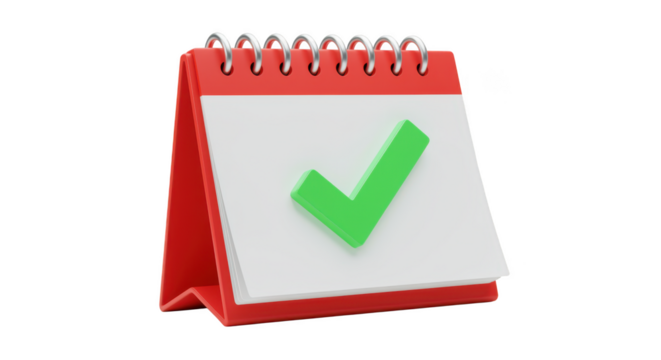 Red desk calendar with a green checkmark isolated on transparent background