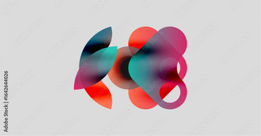 Poster abstract shapes overlap, creating vibrant color blends. soft gradients suggest movement, light inter
