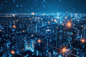 Futuristic Cityscape at Night with Glowing Network Connections and Digital Communication Technologies Illustrated.