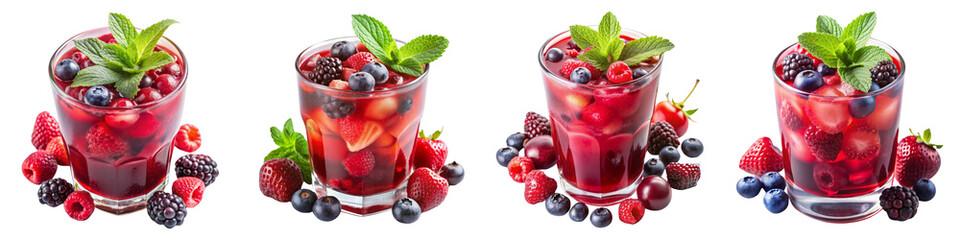 Four Glasses of Red Berry Punch, Isolated on Transparent Background, Summer Drink, Fruit Cocktail, Beverage, Cocktail, Punch, Red Berries