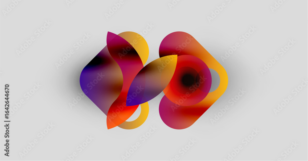 Poster abstract colorful shapes overlap, creating dynamic visual effect. soft gradients blend purple, red, 