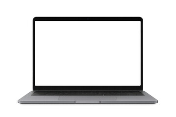 Fototapeta premium Modern silver laptop showing transparent screen on checkered background