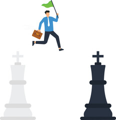 Businessman Running with Flag, Chess Pieces, Concept of Success and Strategy,bright colors, minimalist style, modern design, success concept, leadership skills, competition concept, business success,