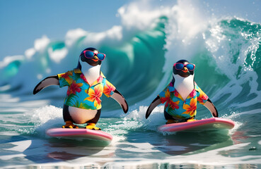 Cool Surfing Penguins in Hawaiian Shirts Riding Ocean Waves Generative AI