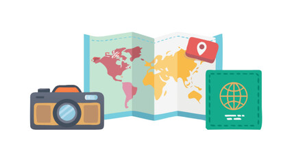 Obraz premium Travel planning essentials: camera, passport, map and location pin for unforgettable adventures around the world
