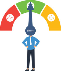 Stress Level Meter with Businessman, Emotional State Indicator, Mental Health Concept, Flat Design,mental state, stress management, work life, business man, flat style, cartoon character, graphic