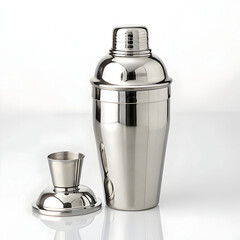 A stainless steel cocktail shaker designed for mixing drinks; sleek, durable