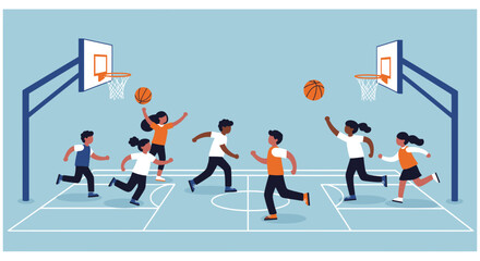 Fototapeta premium Children play basketball on a court with two hoops, running, jumping, and throwing the ball in a cartoon illustration.