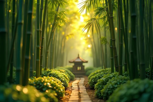 Mystical bamboo forest path leading to a traditional Japanese temple bathed in golden light