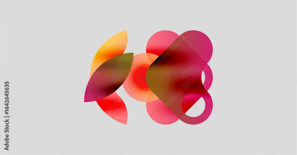 Poster abstract shapes overlap, creating vibrant color blends. soft gradients suggest fluidity, warmth, mod
