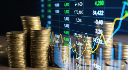 Stacks of Golden Coins with Financial Chart Background Showing Market Data and Economic Growth for Investment and Wealth Accumulation Strategies