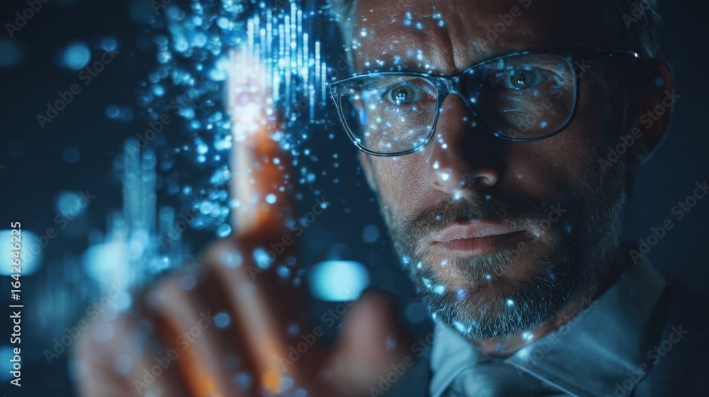 Poster man interacting with digital data futuristic technology concept.