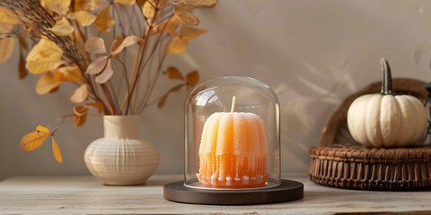 Glass Dome with Orange Candle, Autumn Leaves, and Small Pumpkin on Table &ndash; Warm Fall Decor