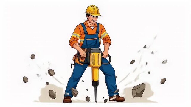 A construction worker operating a jackhammer, depicted in a vector illustration against a white background, showing dynamic action and a bright color palette.