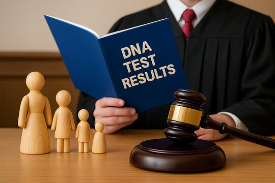 A judge reading a book labeled DNA Test Results with a gavel and wooden family figures on the desk, symbolizing legal decisions in paternity or custody cases.
