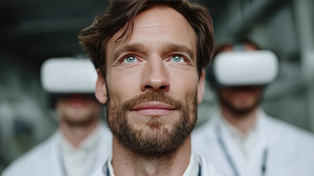 Visionary Leader in VR: Confident Man in Focus with Team Members Immersed in Virtual Reality - Powered by Adobe